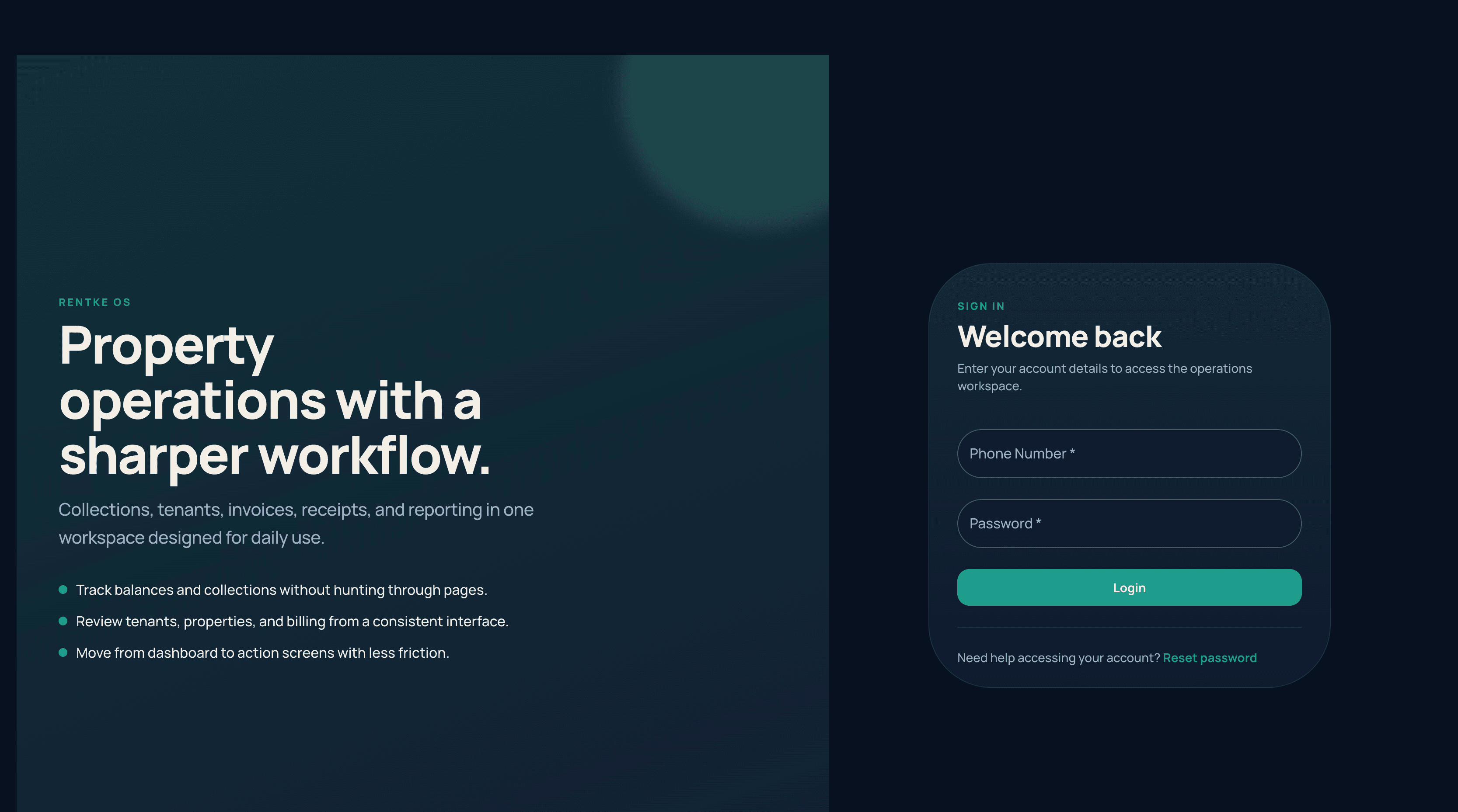 Rentke OS sign-in screen for the property operations workspace